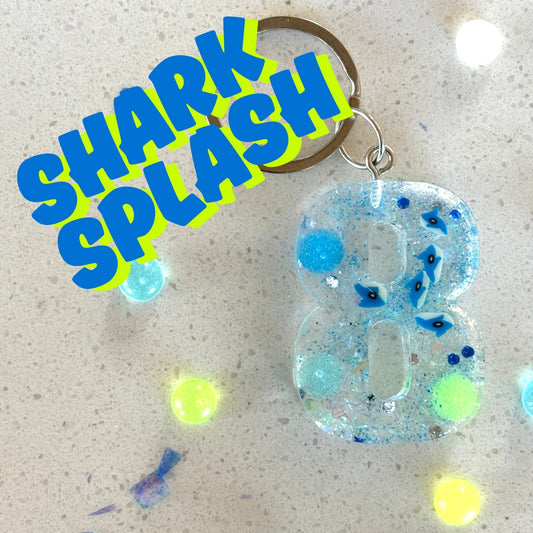 "Shark Splash" personalized keyring in any letter or number with glow-in-the-dark balls
