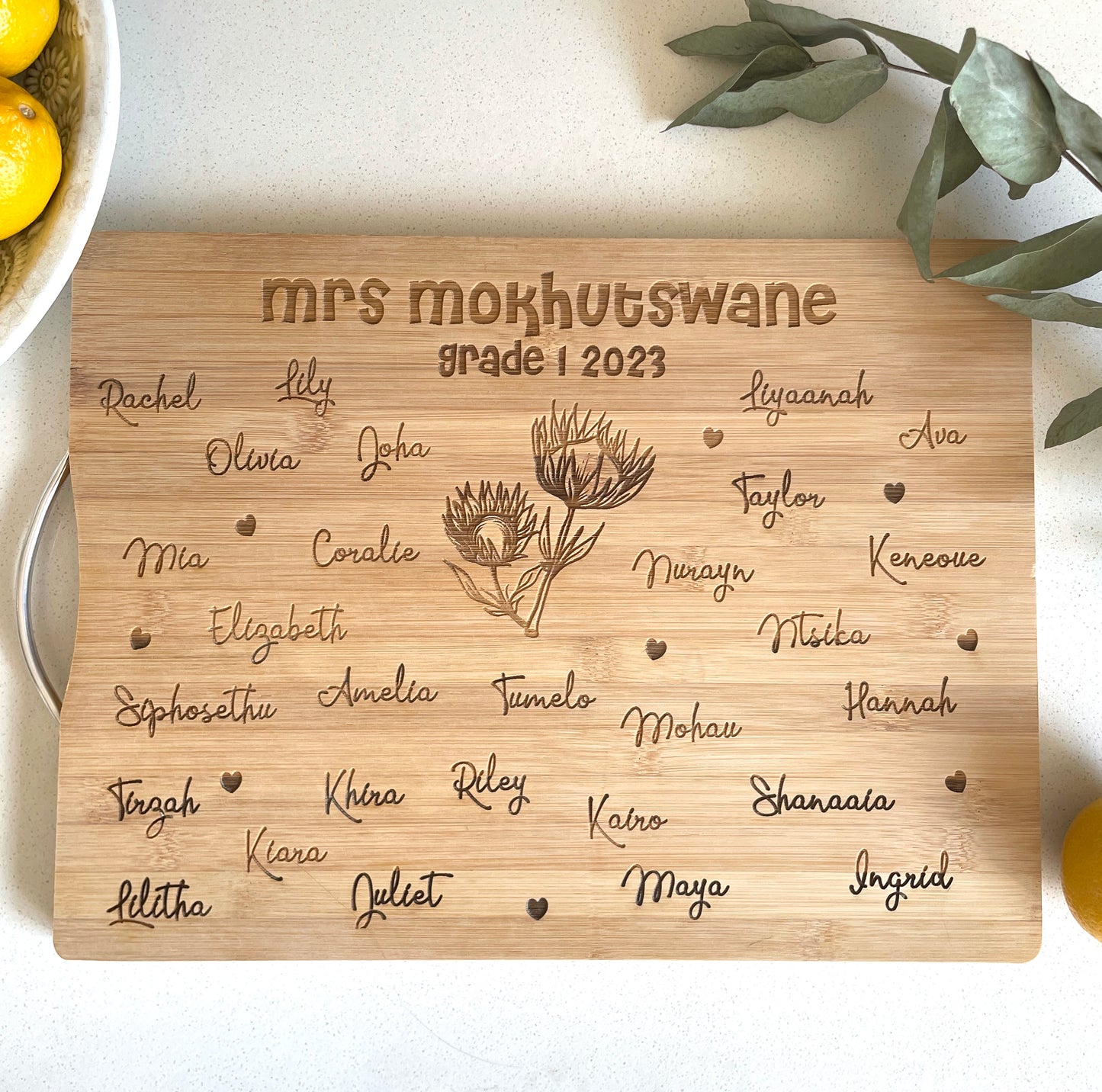 Personalized Class Names Engraved Cutting Board with protea flowers design in the centre; Teacher Gifts