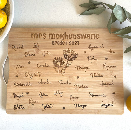 Personalized Class Names Engraved Cutting Board with protea flowers design in the centre; Teacher Gifts