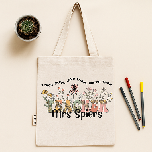 “Teach Them, Love Them, Watch Them” Teacher Personalized Mini Tote Bag