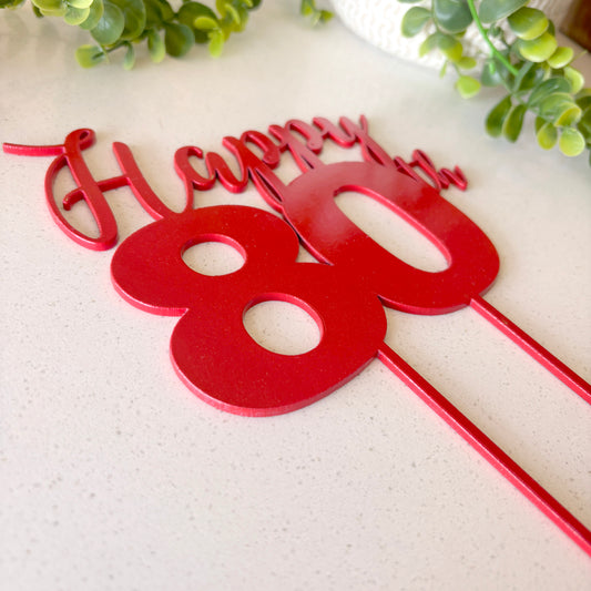Personalized Wooden Cake Topper with the words Happy and any Number