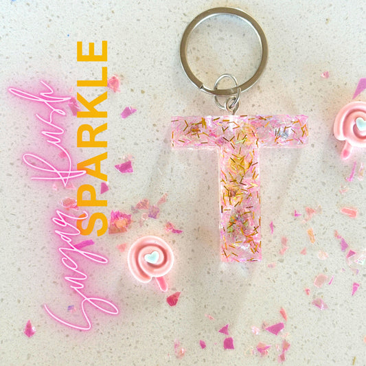 "Sugar Rush Sparkle" personalized keyring in any letter or number