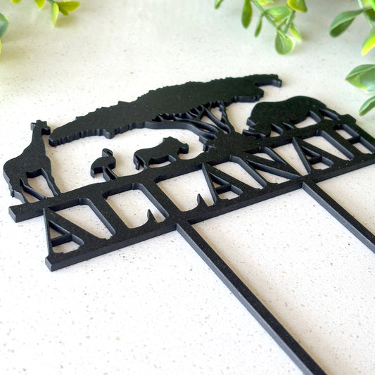 Personalized Wooden Safari Theme Cake Topper with Name