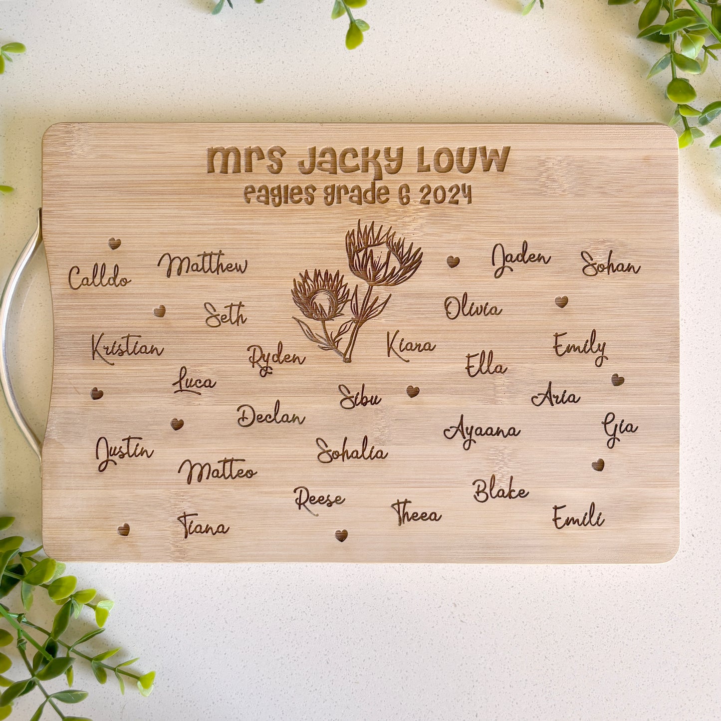 Personalized Class Names Engraved Cutting Board with protea flowers design in the centre; Teacher Gifts