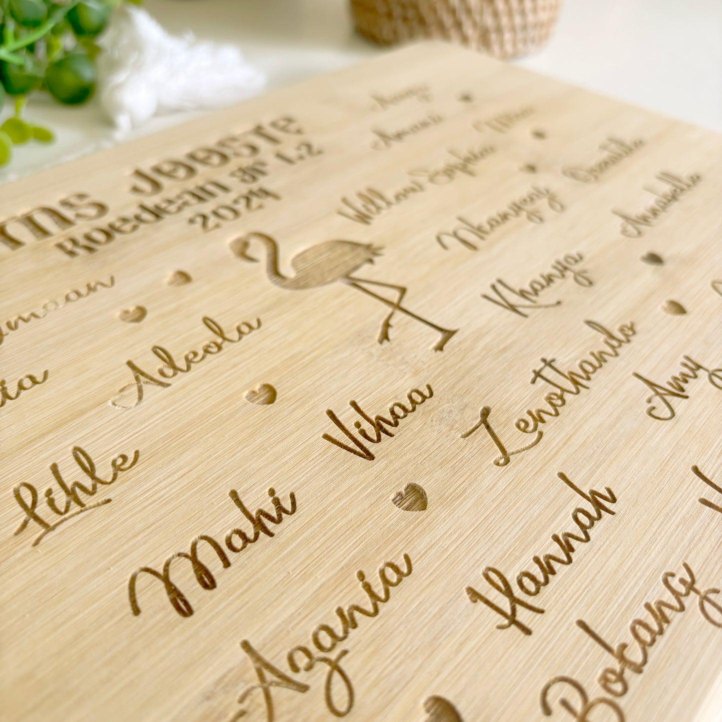 Personalized Class names engraved cutting board with a flamingo design in the centre