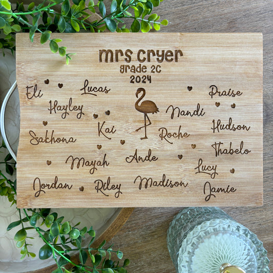 Personalized Class names engraved cutting board with a flamingo design in the centre