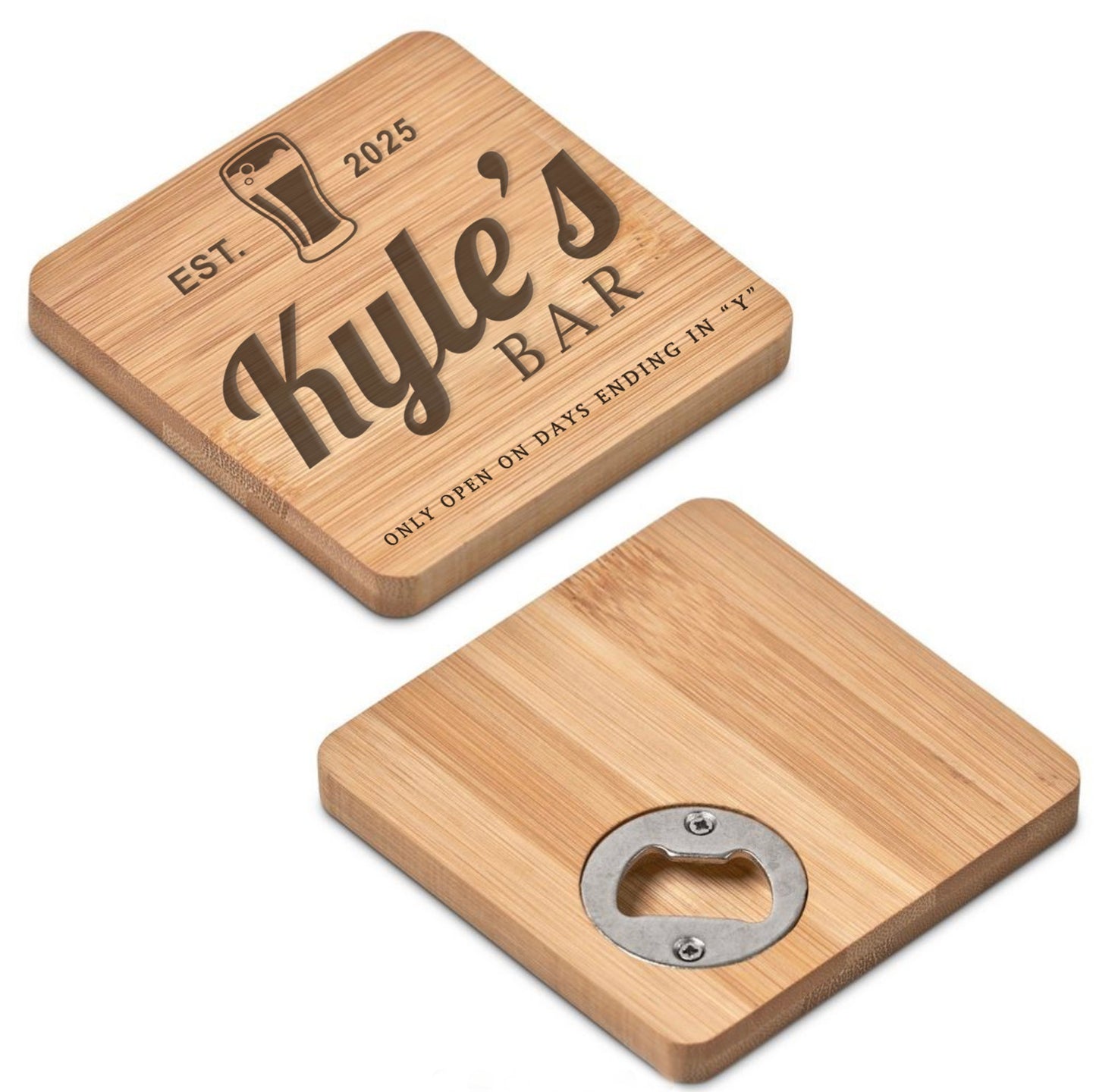 Personalized Bamboo Coaster with Built-In Bottle Opene
