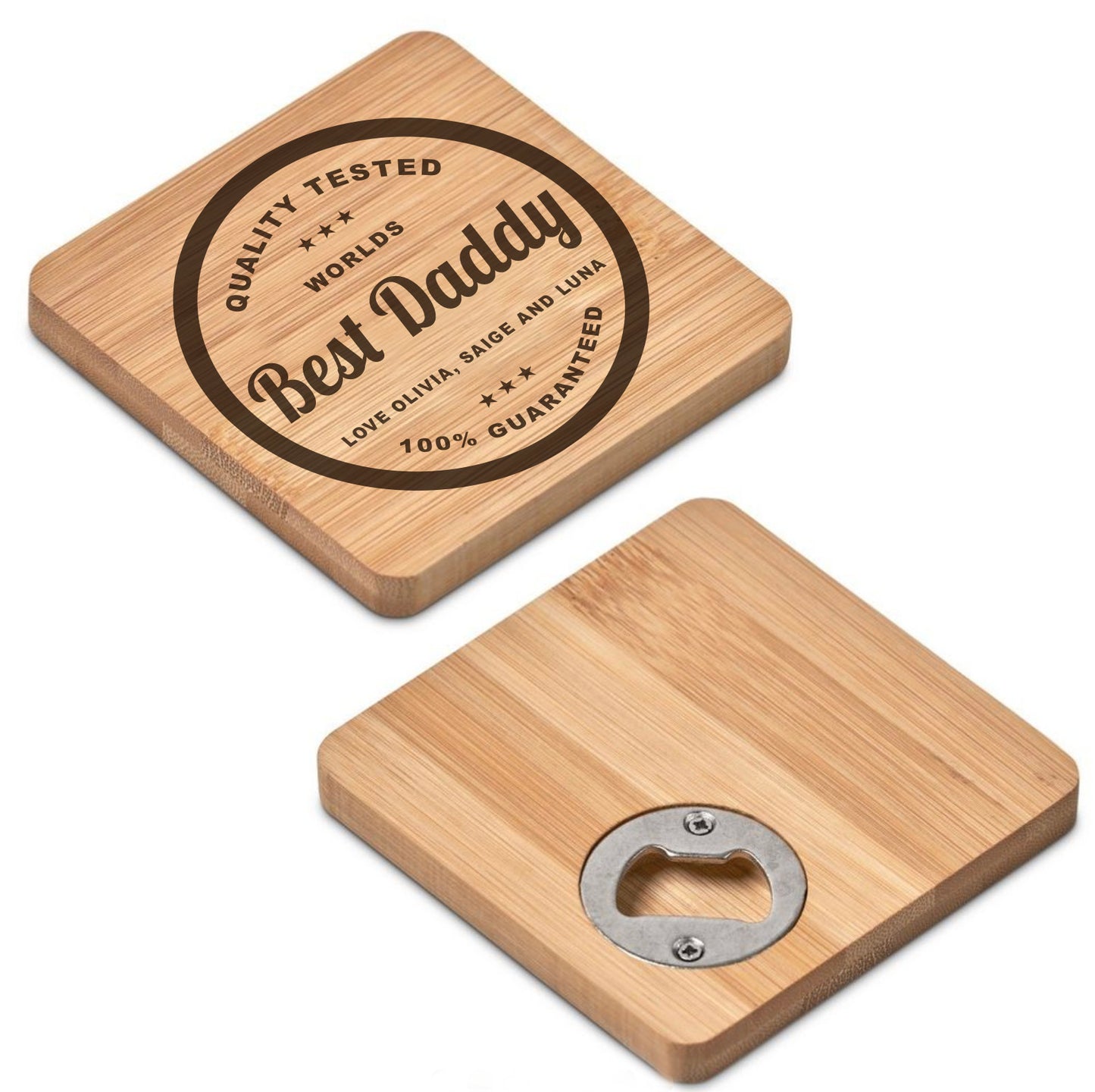 Personalized Bamboo Coaster with Built-In Bottle Opener