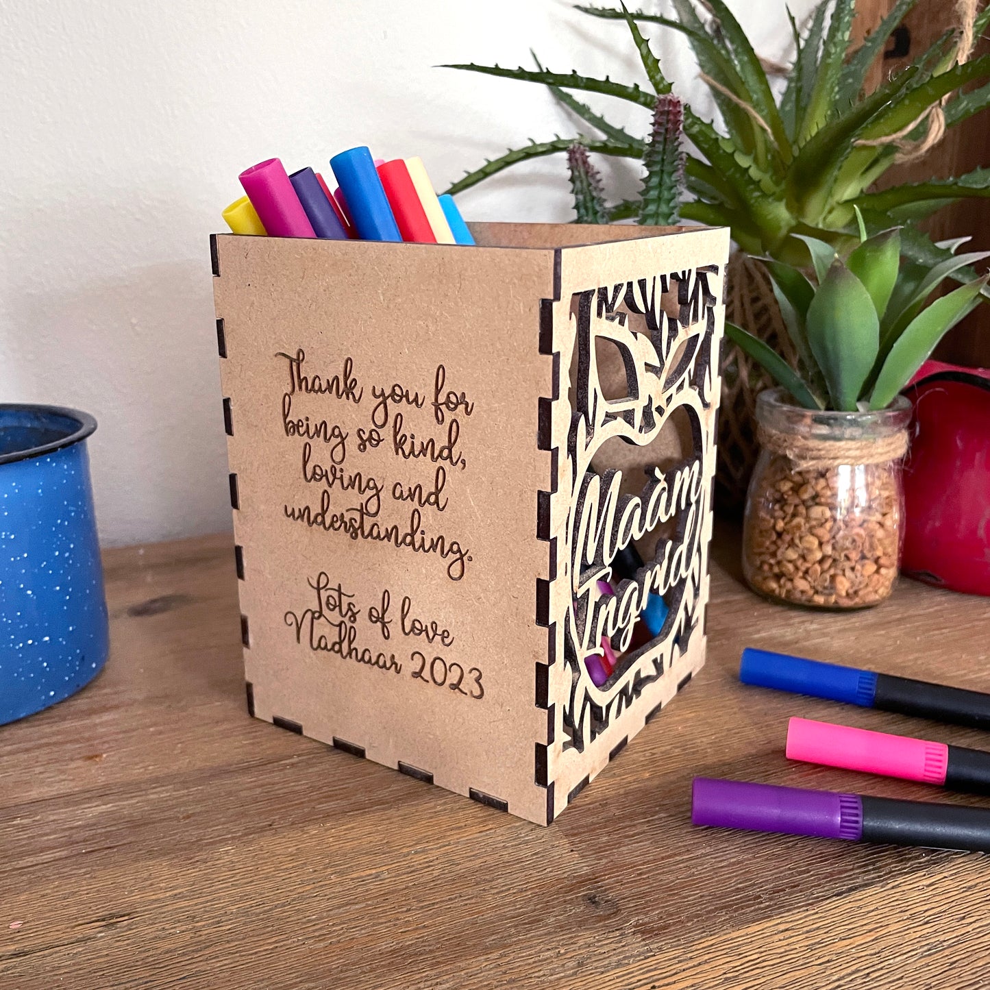 Personalised wooden pencil holder; Teacher appreciation Gift