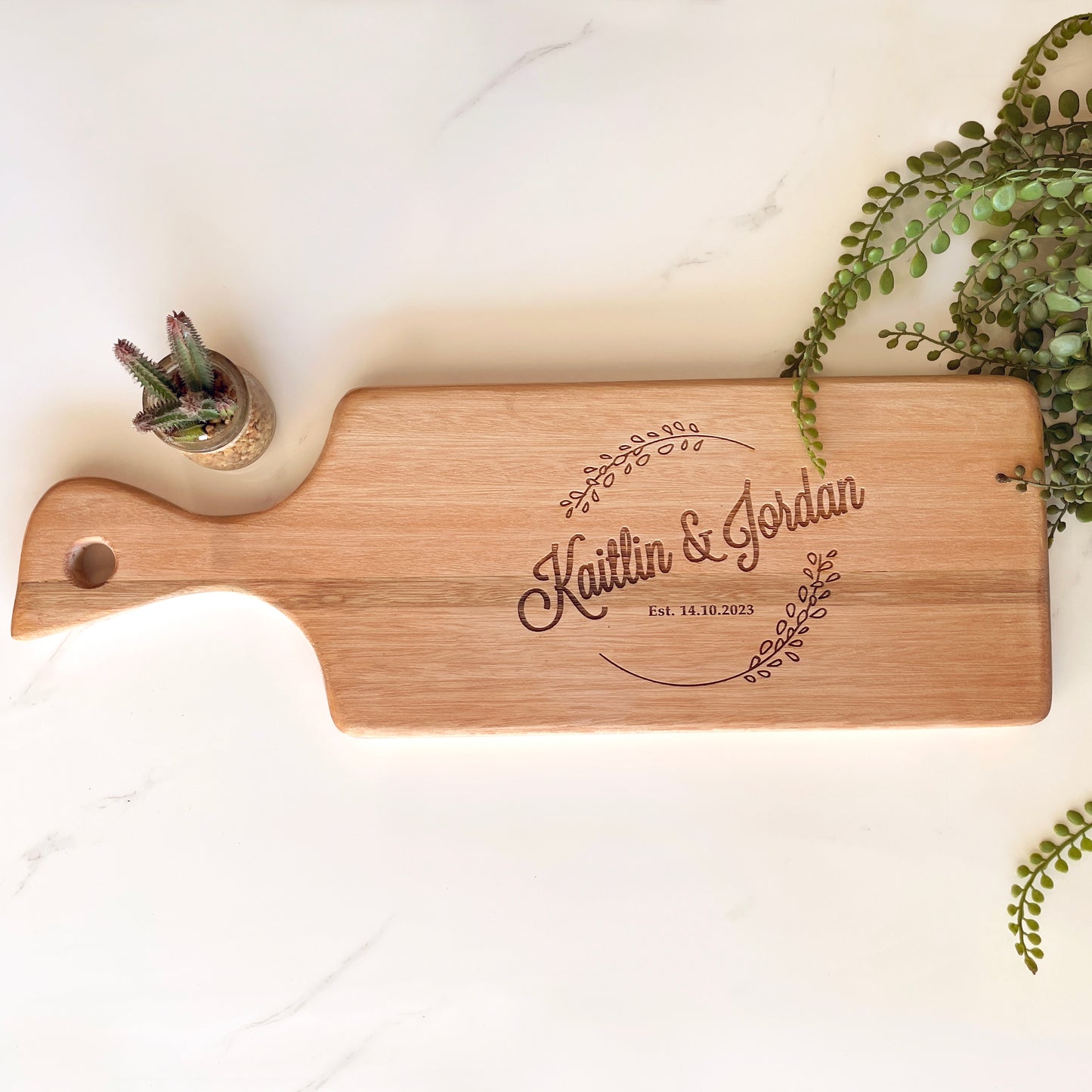 Personalized engraved wreath cheese paddle - 56cm long