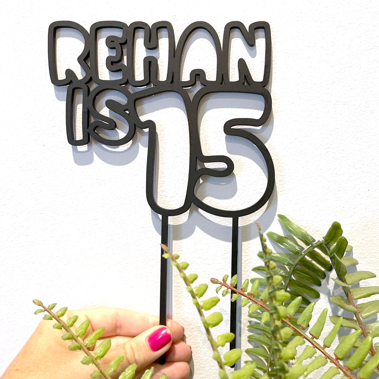 Personalised wooden birthday cake topper for a Guy