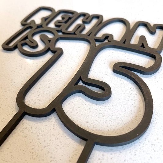 Personalised wooden birthday cake topper for a Guy