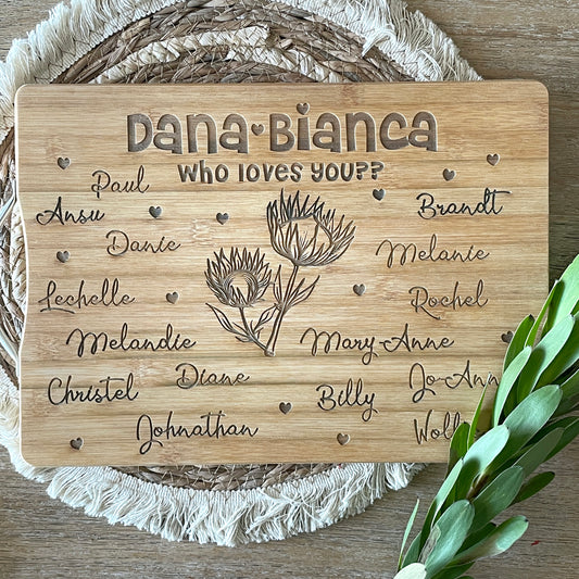 "Who Loves you" engraved personalised cutting board
