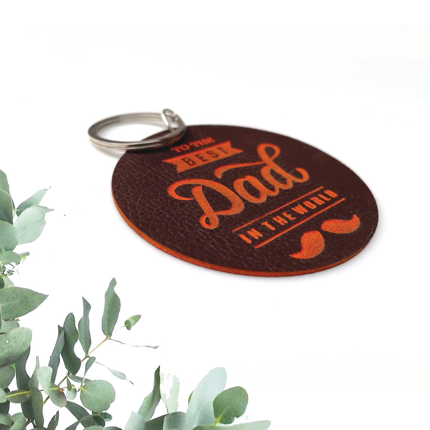 Engraved leather keyring with orange contrast