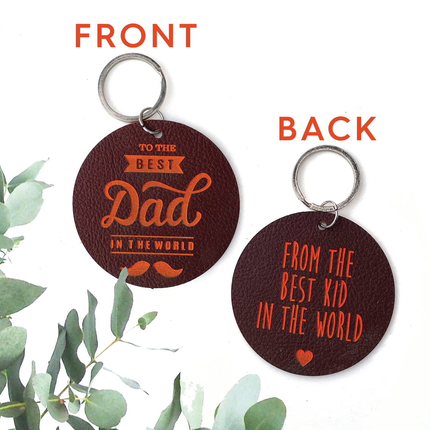 Engraved leather keyring with orange contrast