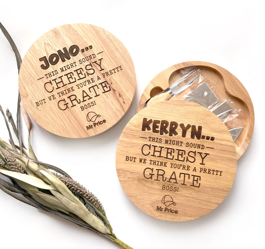Boss's Engraved Cheese Board with utensils