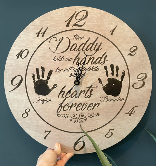 Personalised Daddy Wooden Clock with Baby Foot or Handprints