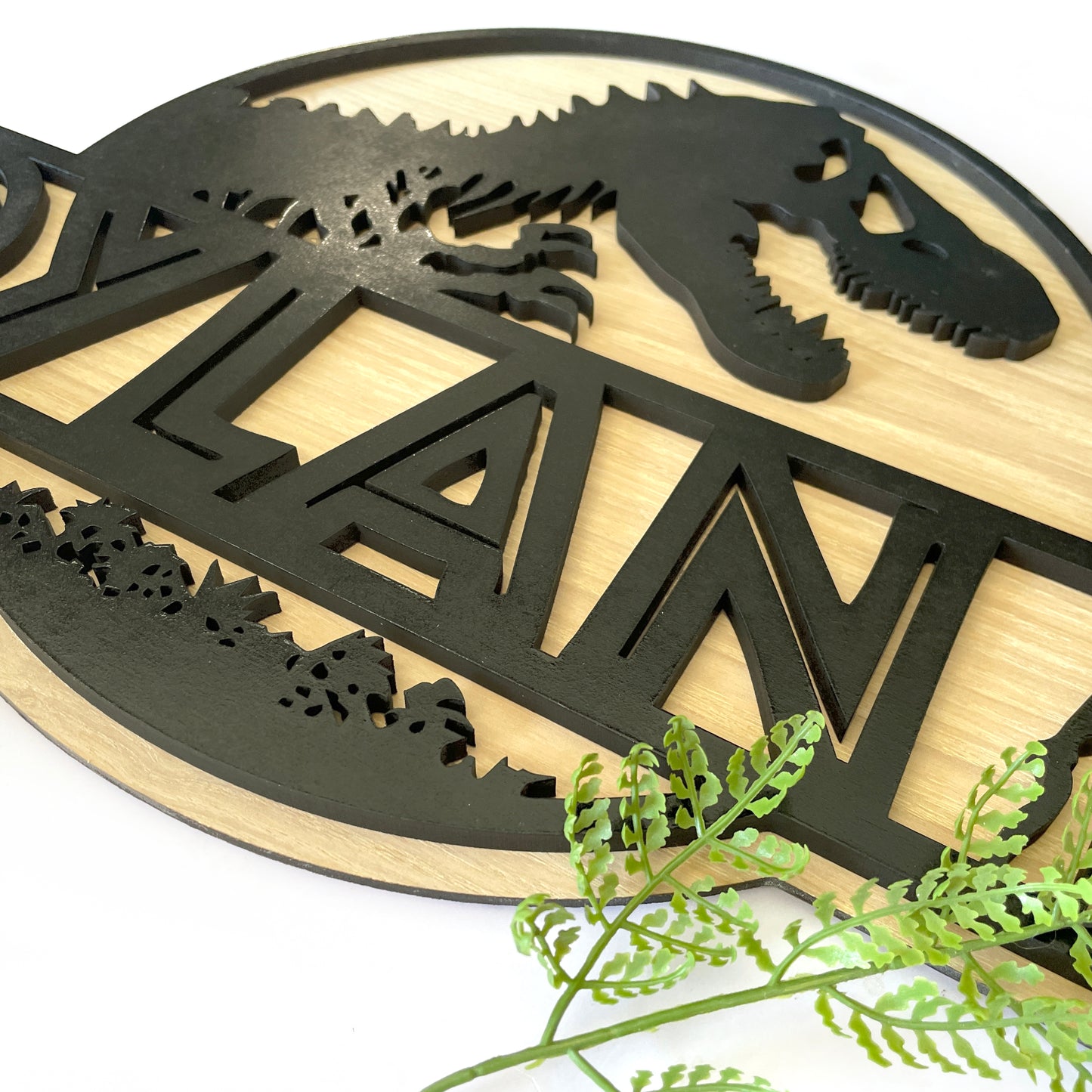 Wooden Personalised Dino Wall Plaque, Natual wood and black