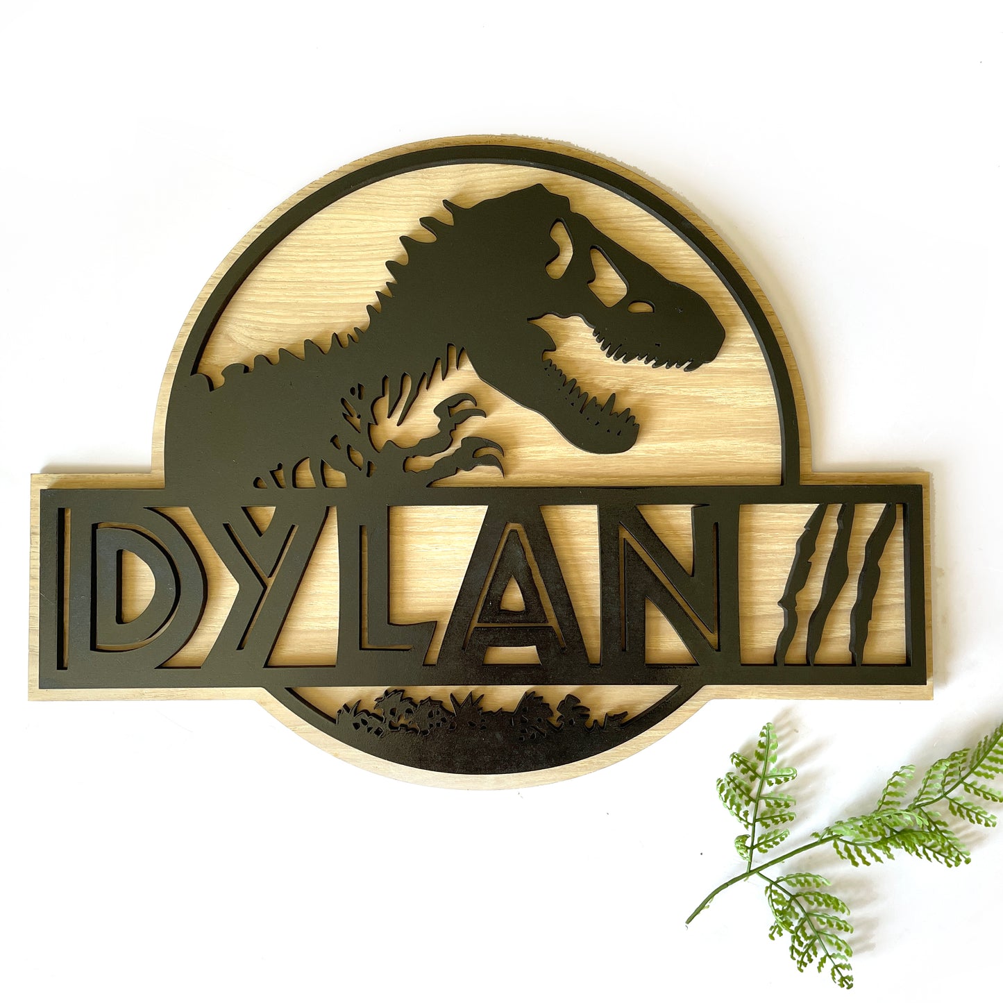 Wooden Personalised Dino Wall Plaque, Natual wood and black