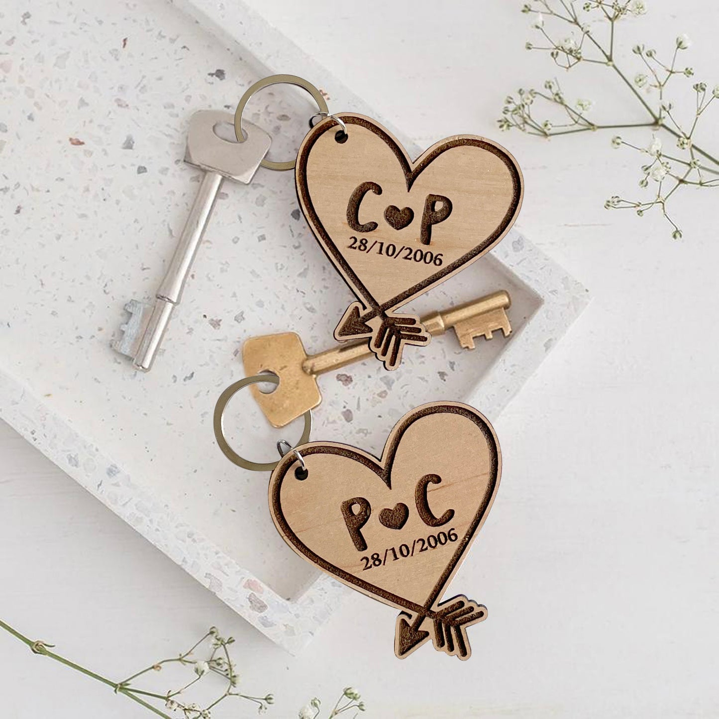 A pair of Heart Keyrings - Personalised with initials and date