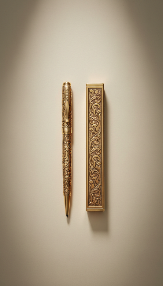 Engraved Antique Gold Pen and Case Set