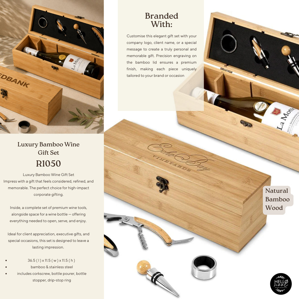 Logo Engraved Luxury Bamboo Wine Gift Set; Corporate Gifts for Companies
