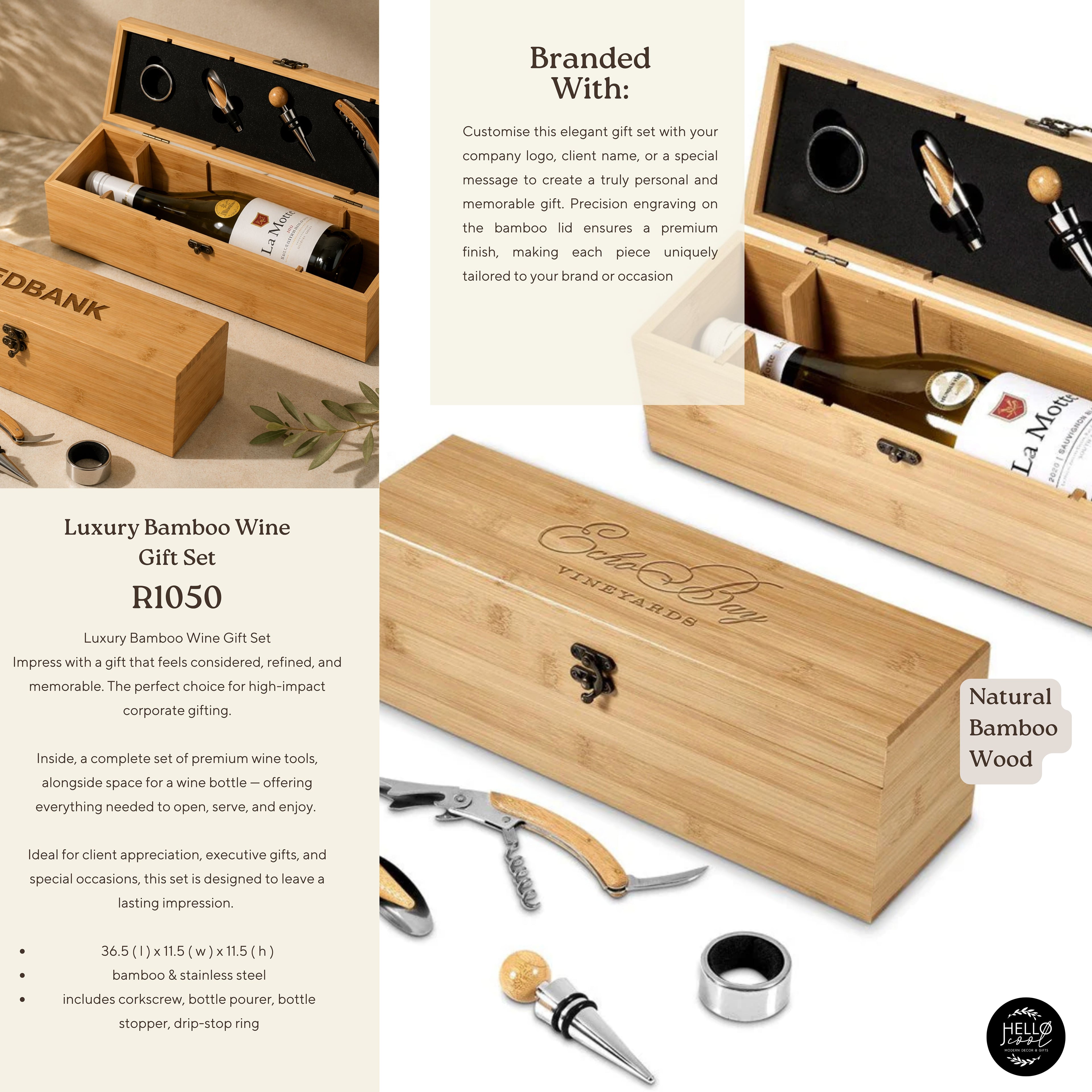 Logo Engraved Luxury Bamboo Wine Gift Set; Corporate Gifts for Companies