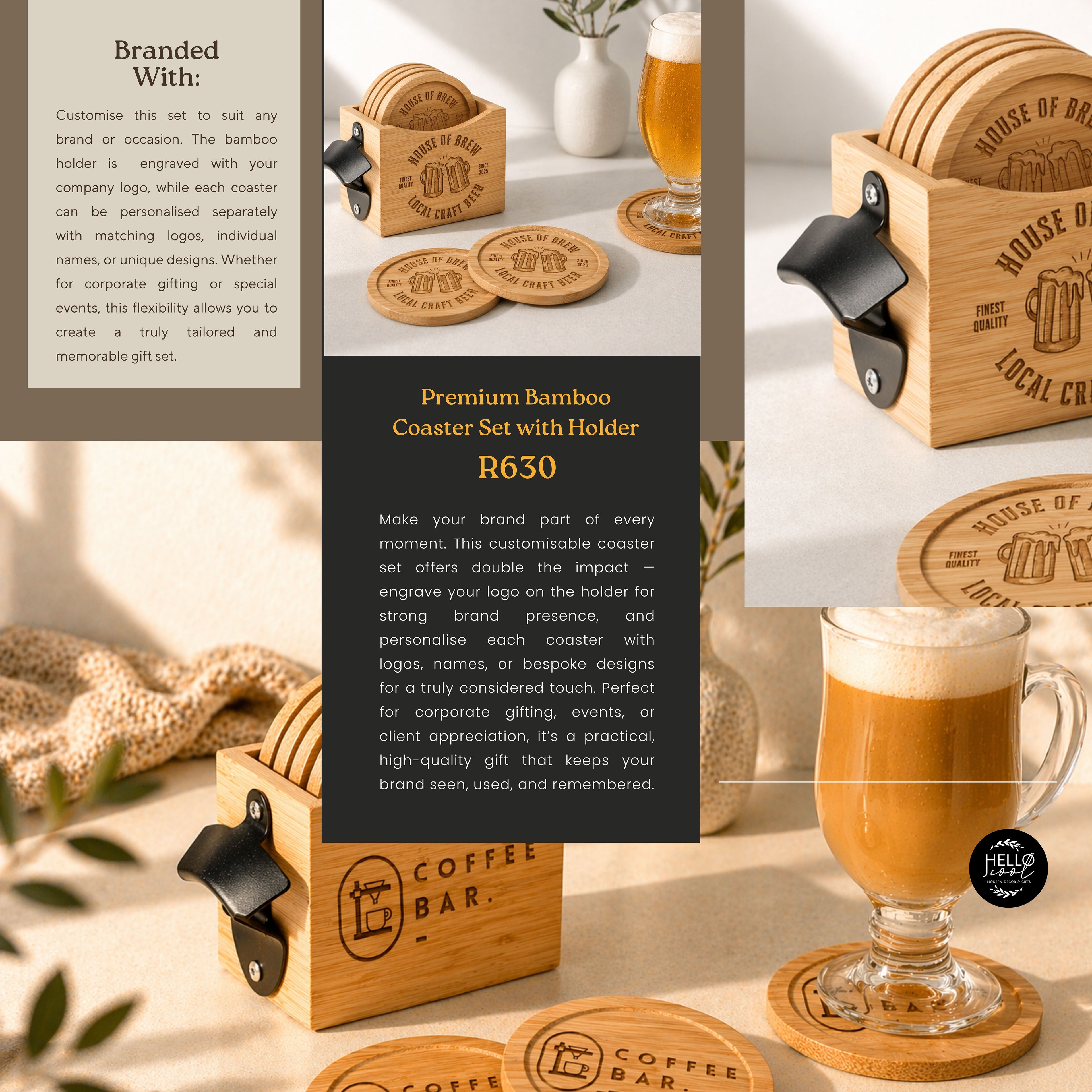 Premium Bamboo Coaster Set with Holder; Corporate Gifts for Companies