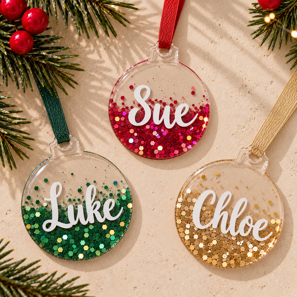5 for R130 – Clear Resin Personalised Christmas Baubles