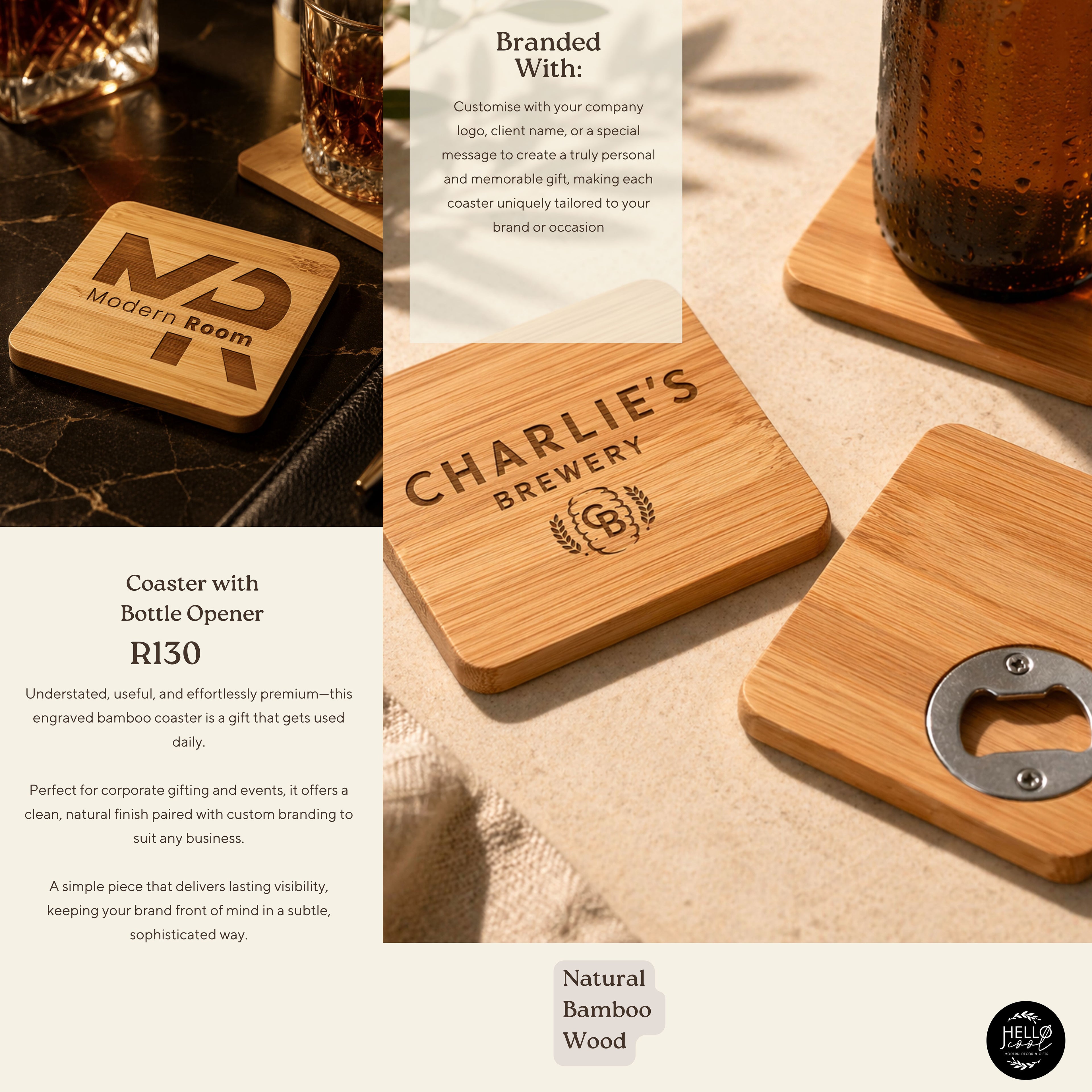 Logo Engraved Coaster with Bottle Opener; Corporate Gifts for Companies