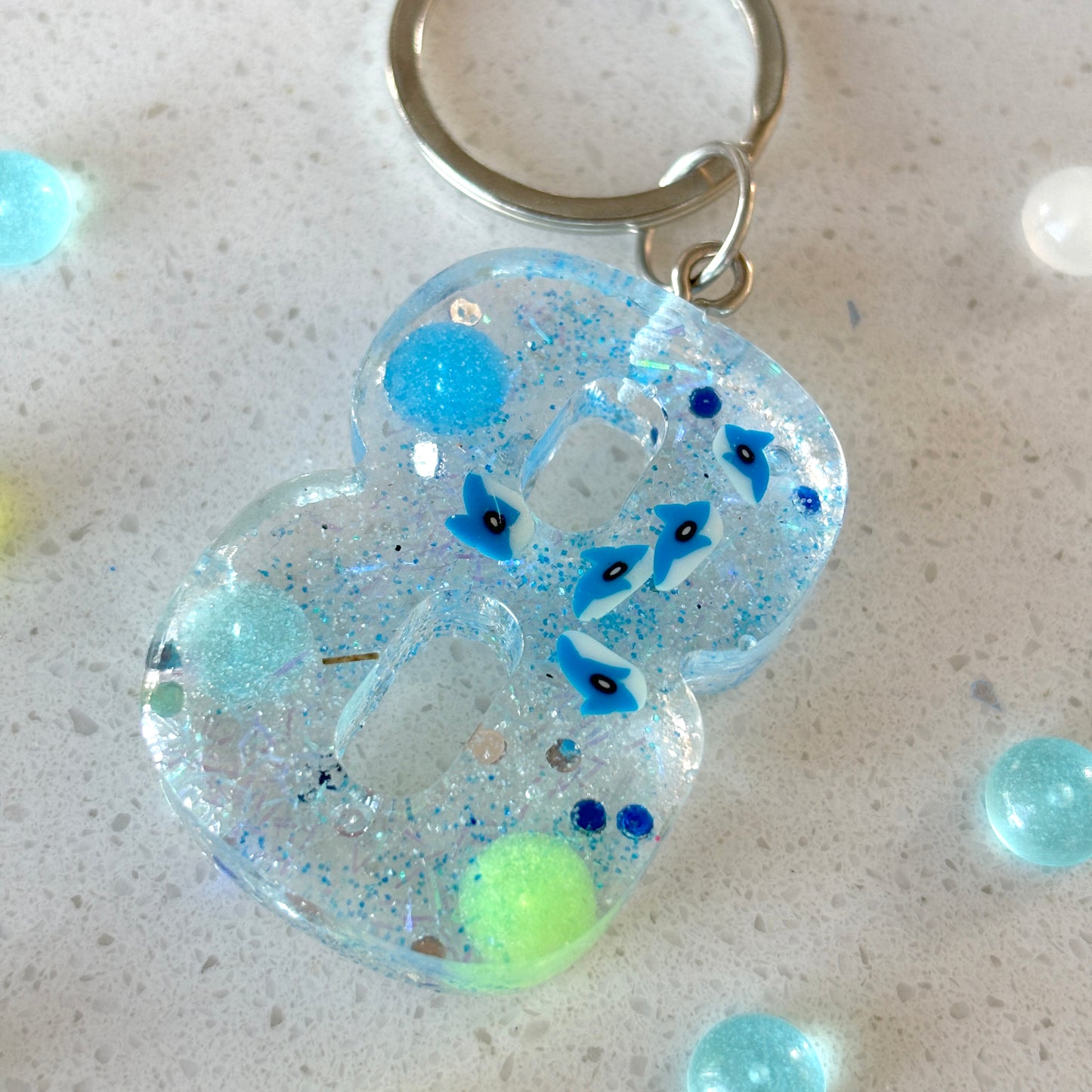 "Shark Splash" personalized keyring in any letter or number with glow-in-the-dark balls
