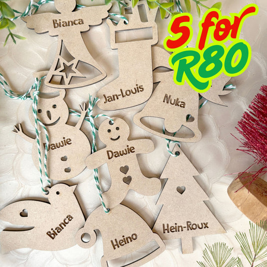 5 for R80 – Wooden Personalised Christmas Decorations