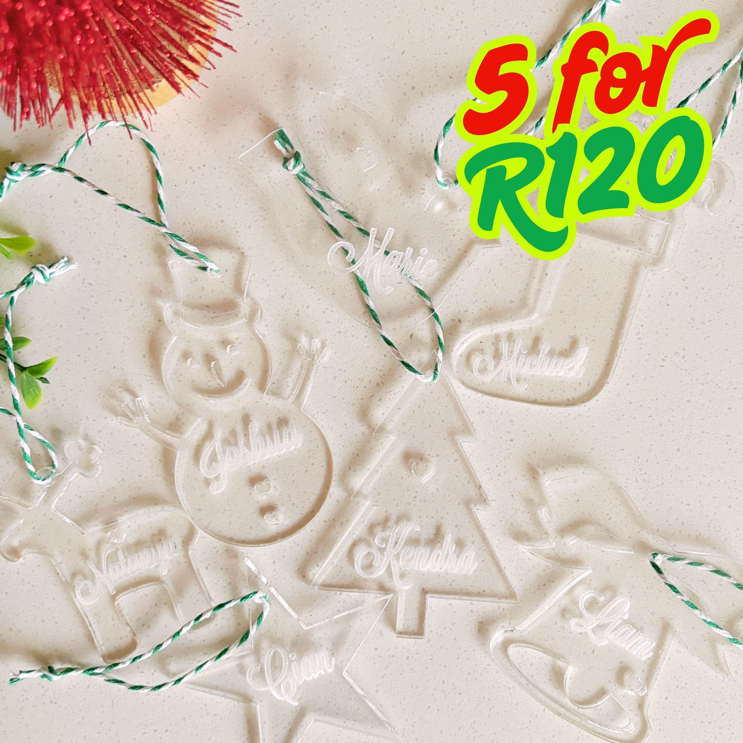 5 for R120 – Acrylic Personalised Christmas Decorations