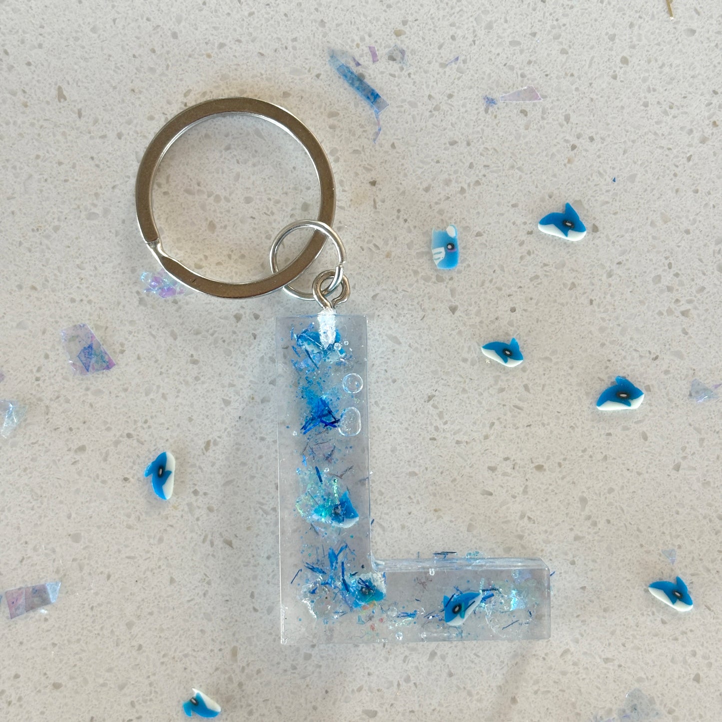 "Shark Splash" personalized keyring in any letter or number with glow-in-the-dark balls