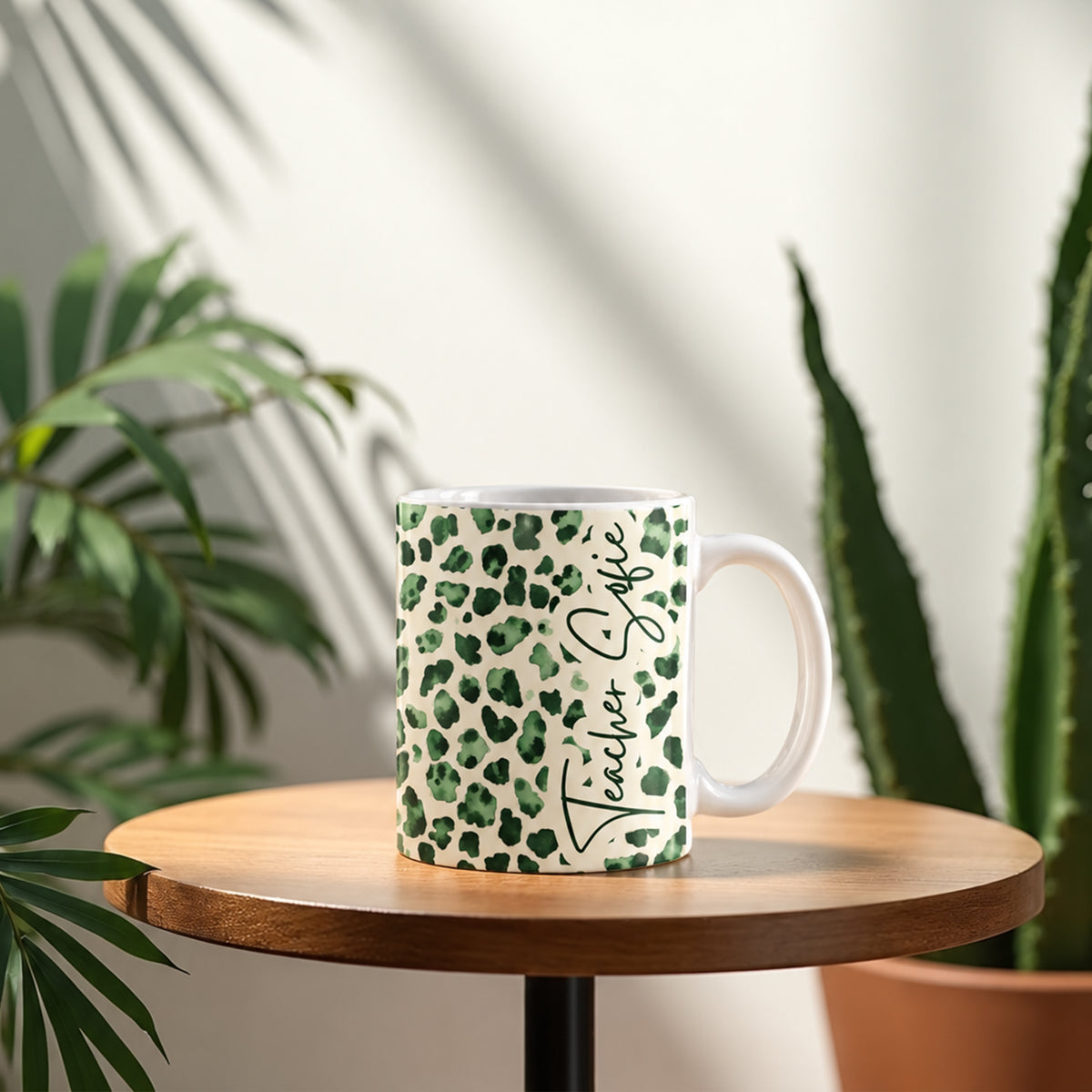 Personalised Green Leopard Print Teacher Mug