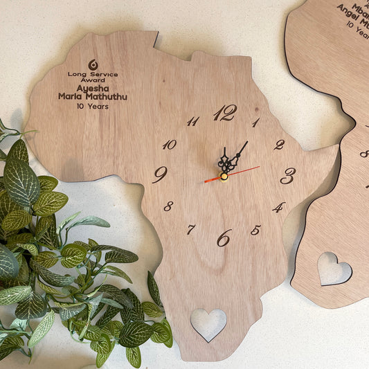 Logo engraved personalised wooden Africa clocks; Corporate gifts