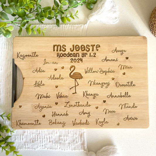 Personalized Class names engraved cutting board with a flamingo design in the centre