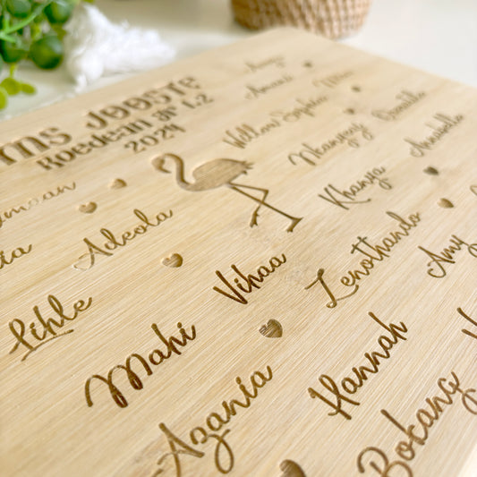 Personalized Class names engraved cutting board with a flamingo design in the centre