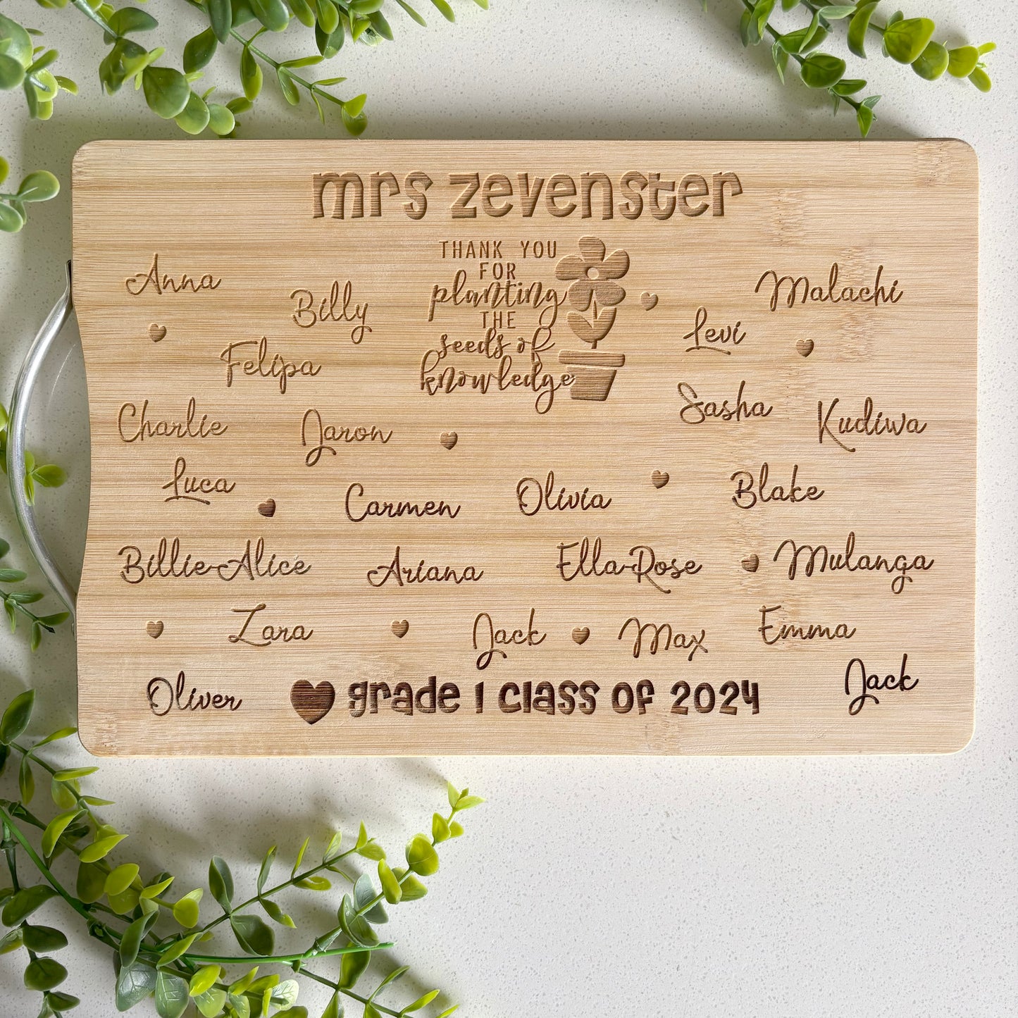 Personalized Class names engraved cutting board with an inspirational message design in the centre