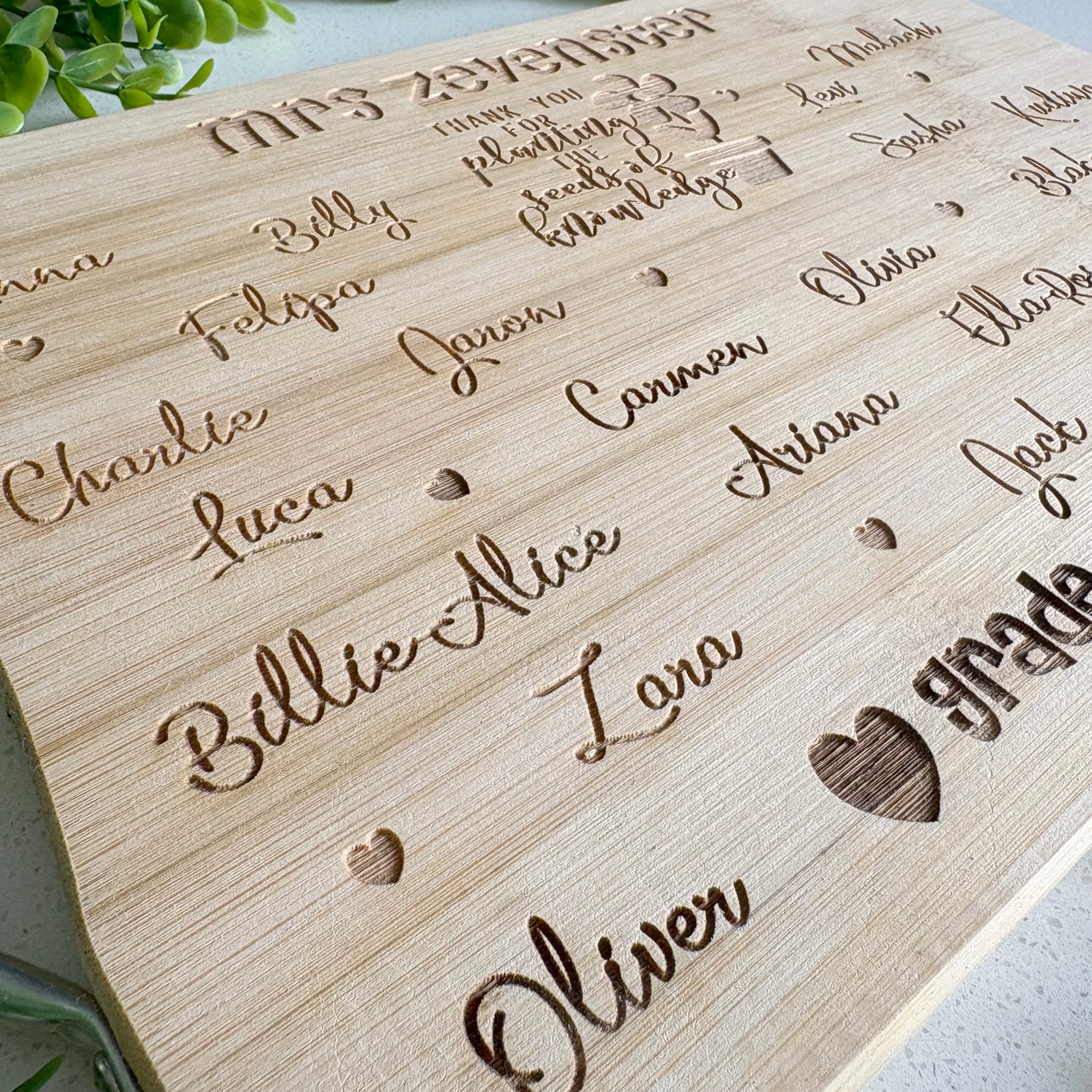 Personalized Class names engraved cutting board with an inspirational message design in the centre