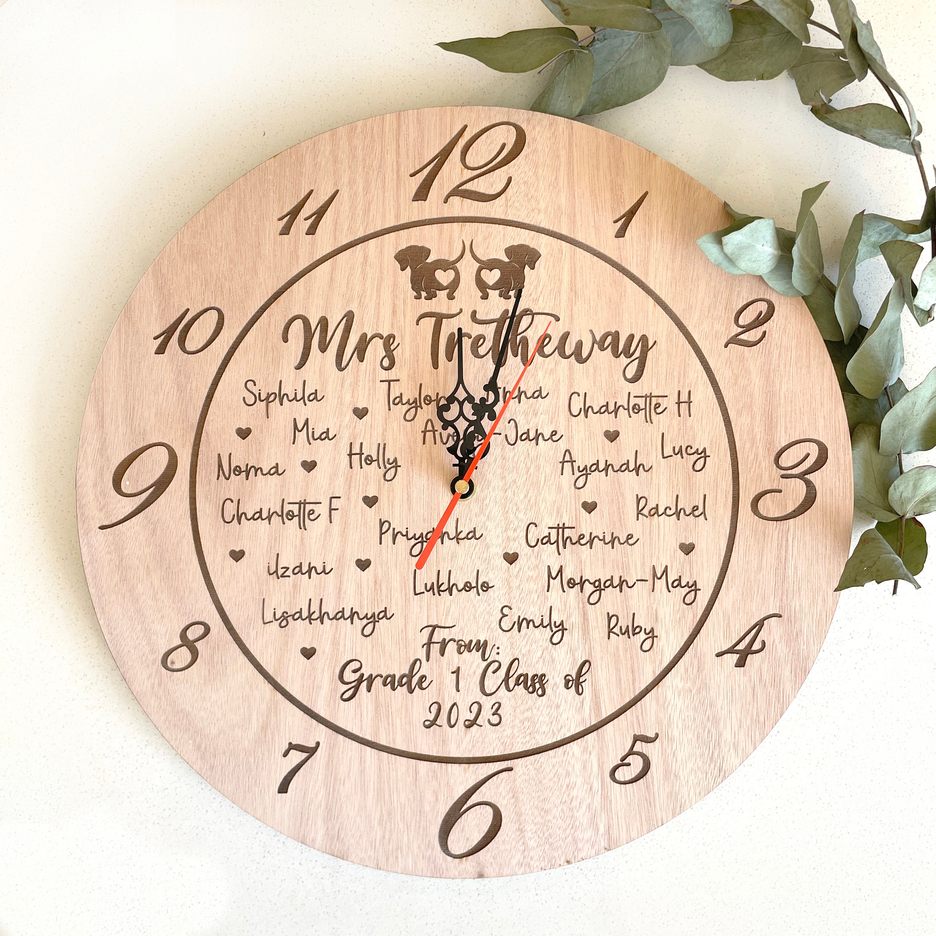 Teacher Engraved Personalised Clock with class names – Hello Cool Designs