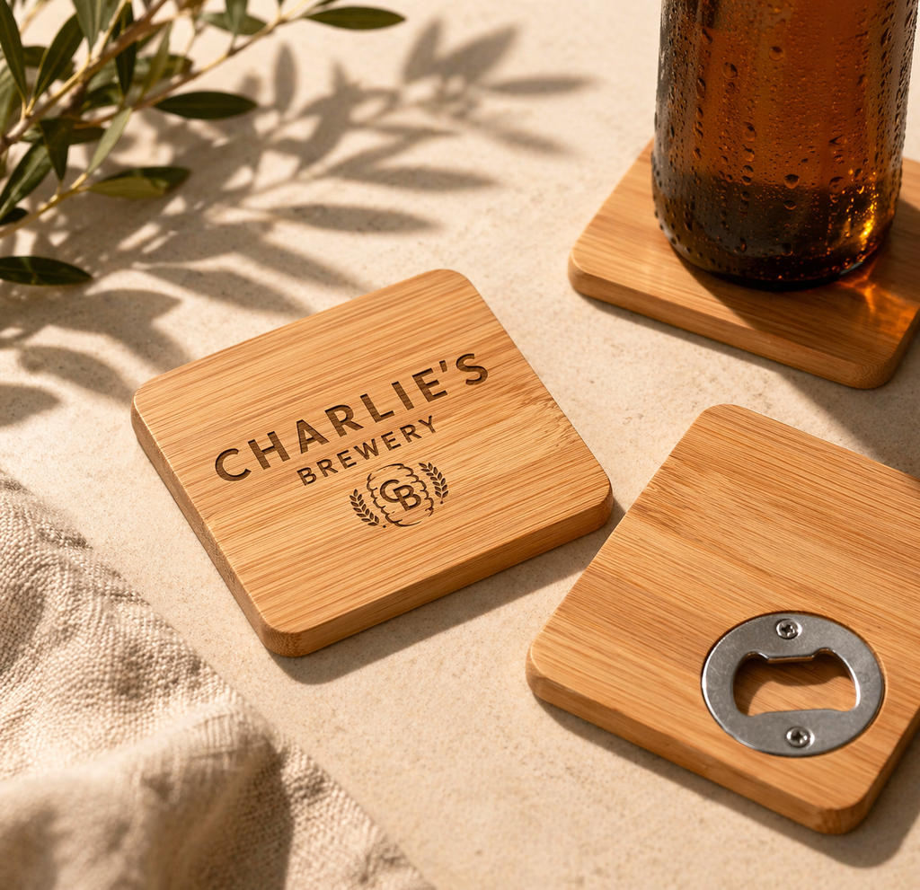 Logo Engraved Coaster with Bottle Opener; Corporate Gifts for Companies