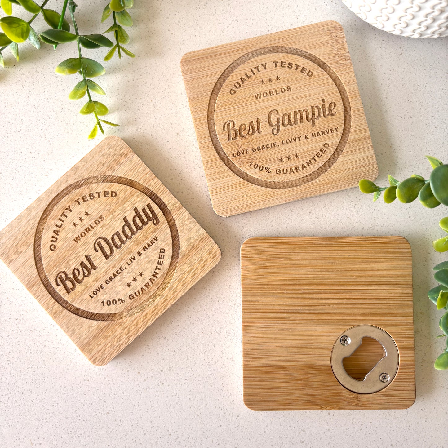 Personalized Bamboo Coaster with Built-In Bottle Opener