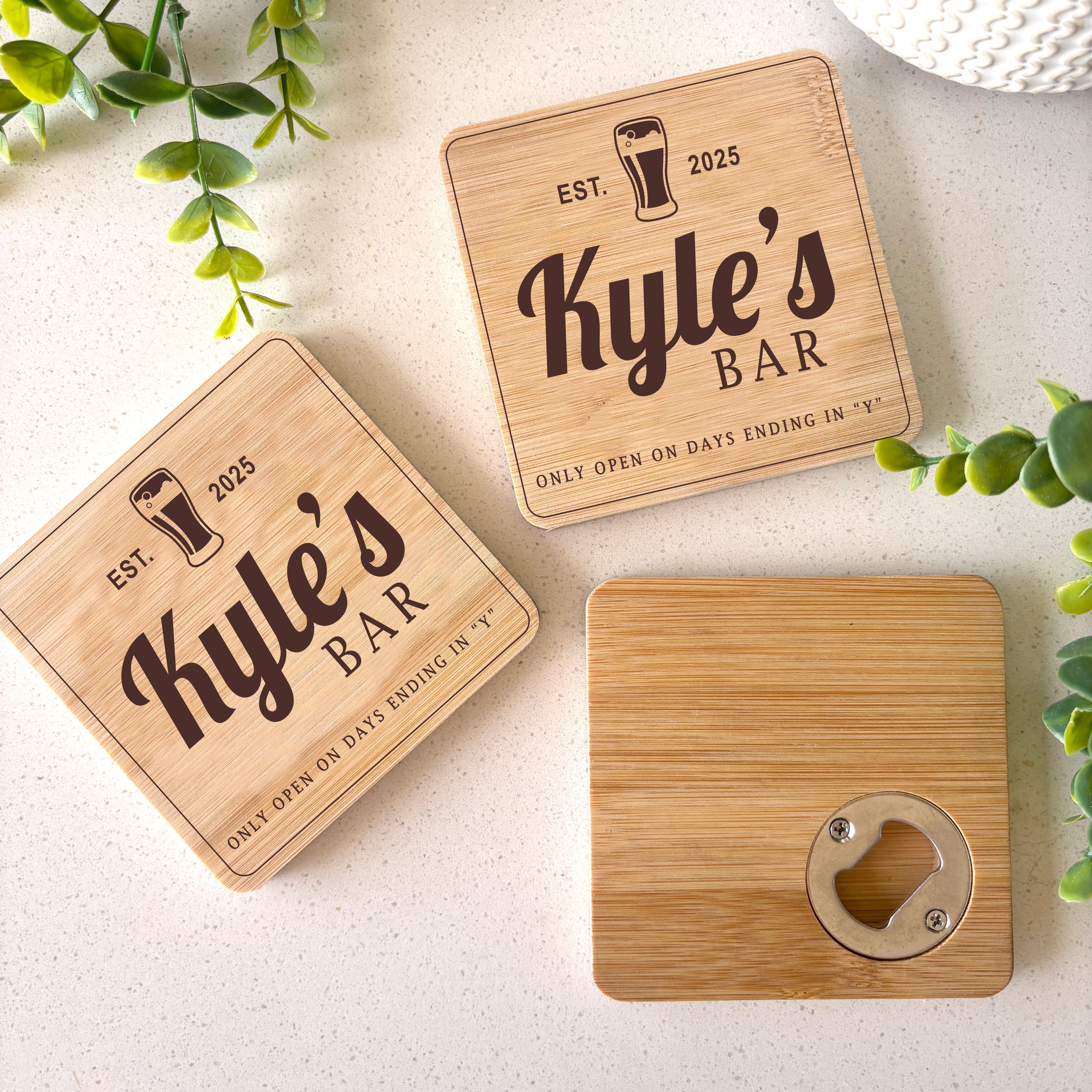 Personalized Bamboo Coaster with Built-In Bottle Opene