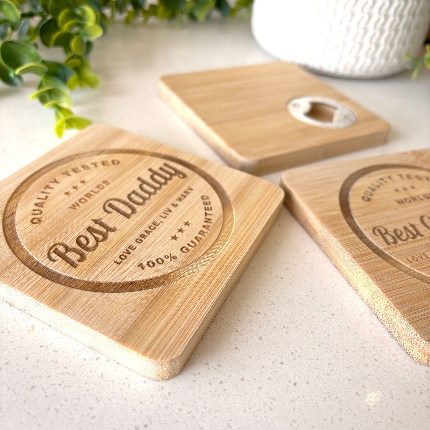 Personalized Bamboo Coaster with Built-In Bottle Opener