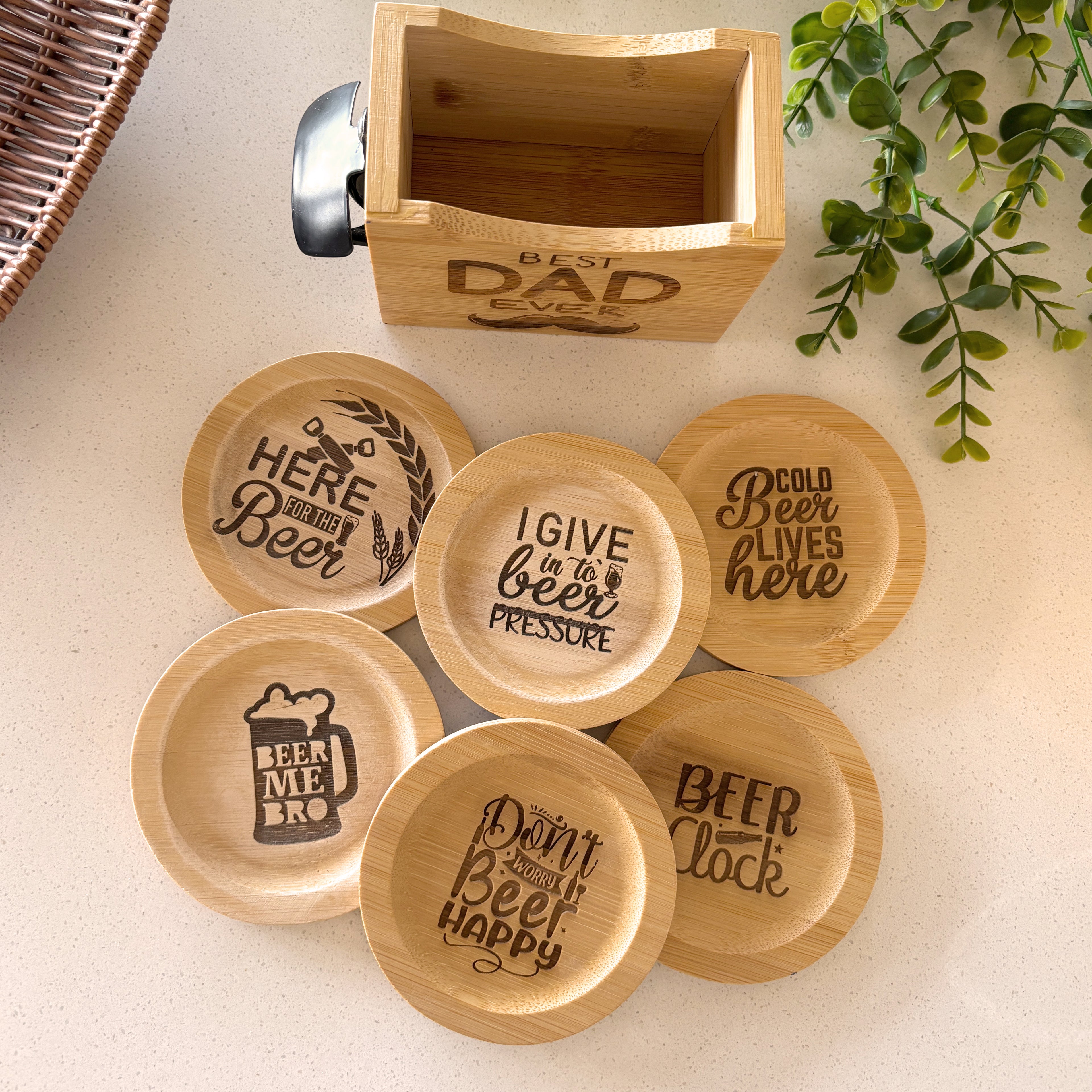 Personalized Beer Coaster Set with Wooden Holder – 6 Piece