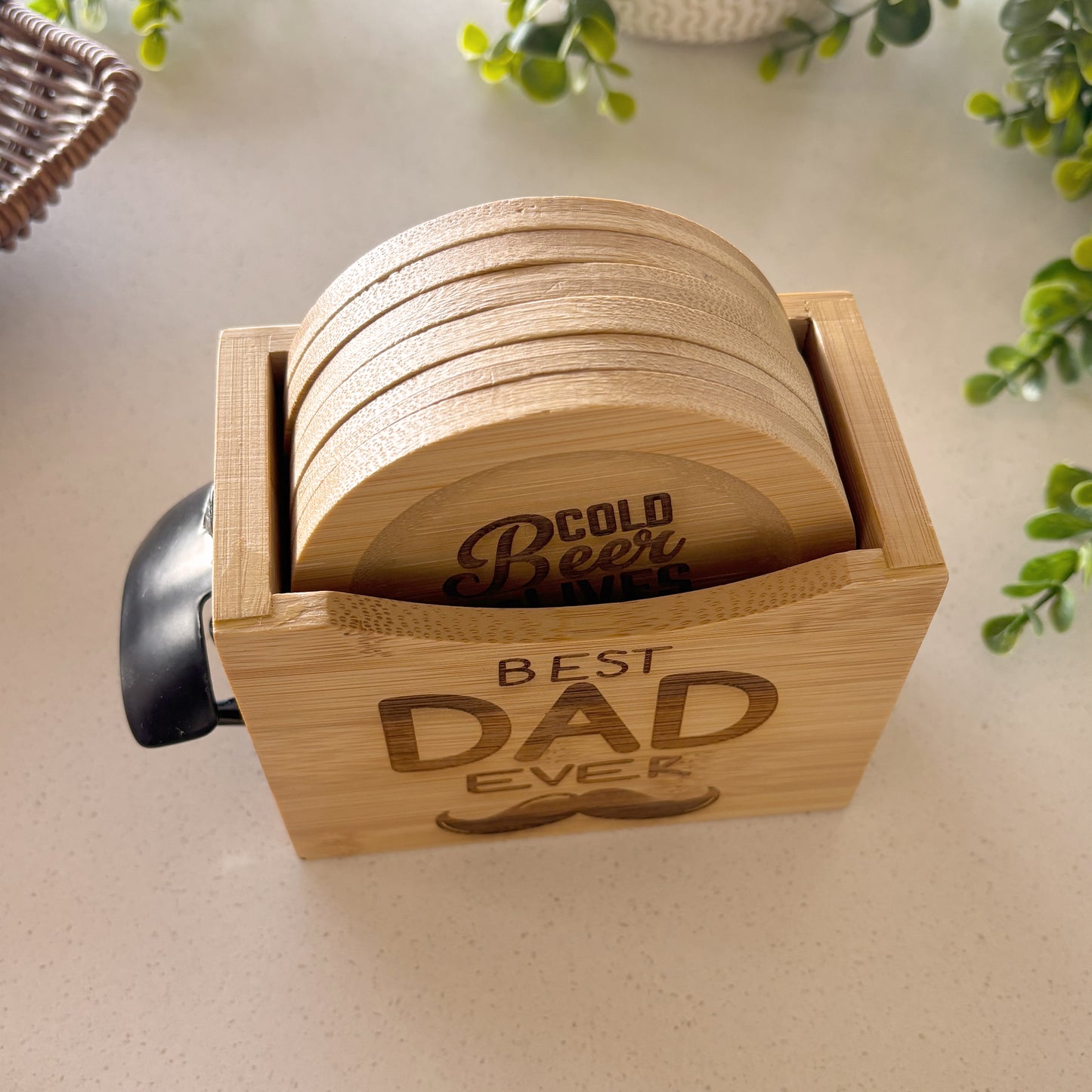 Personalized Beer Coaster Set with Wooden Holder – 6 Piece