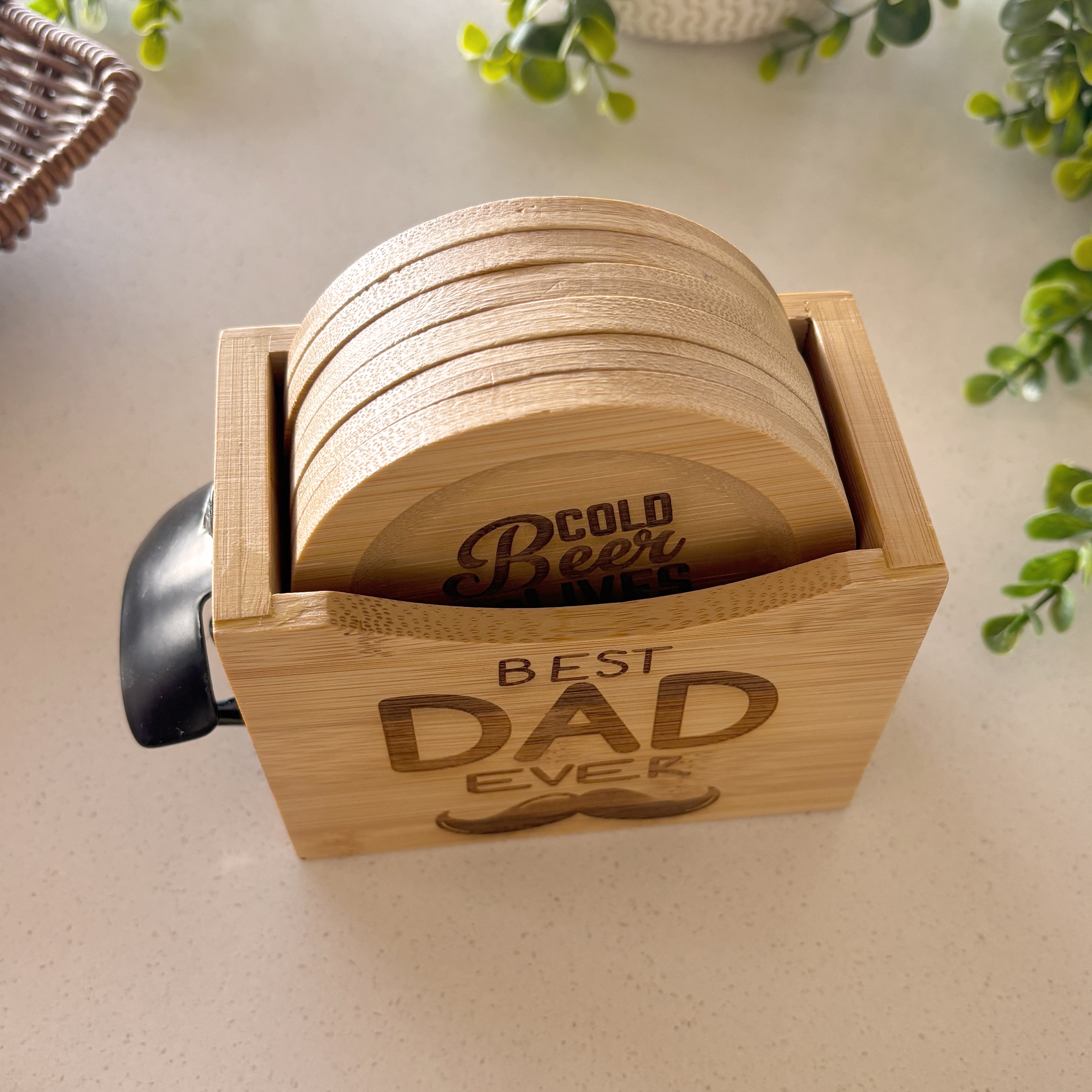 Personalized Beer Coaster Set with Wooden Holder – 6 Piece
