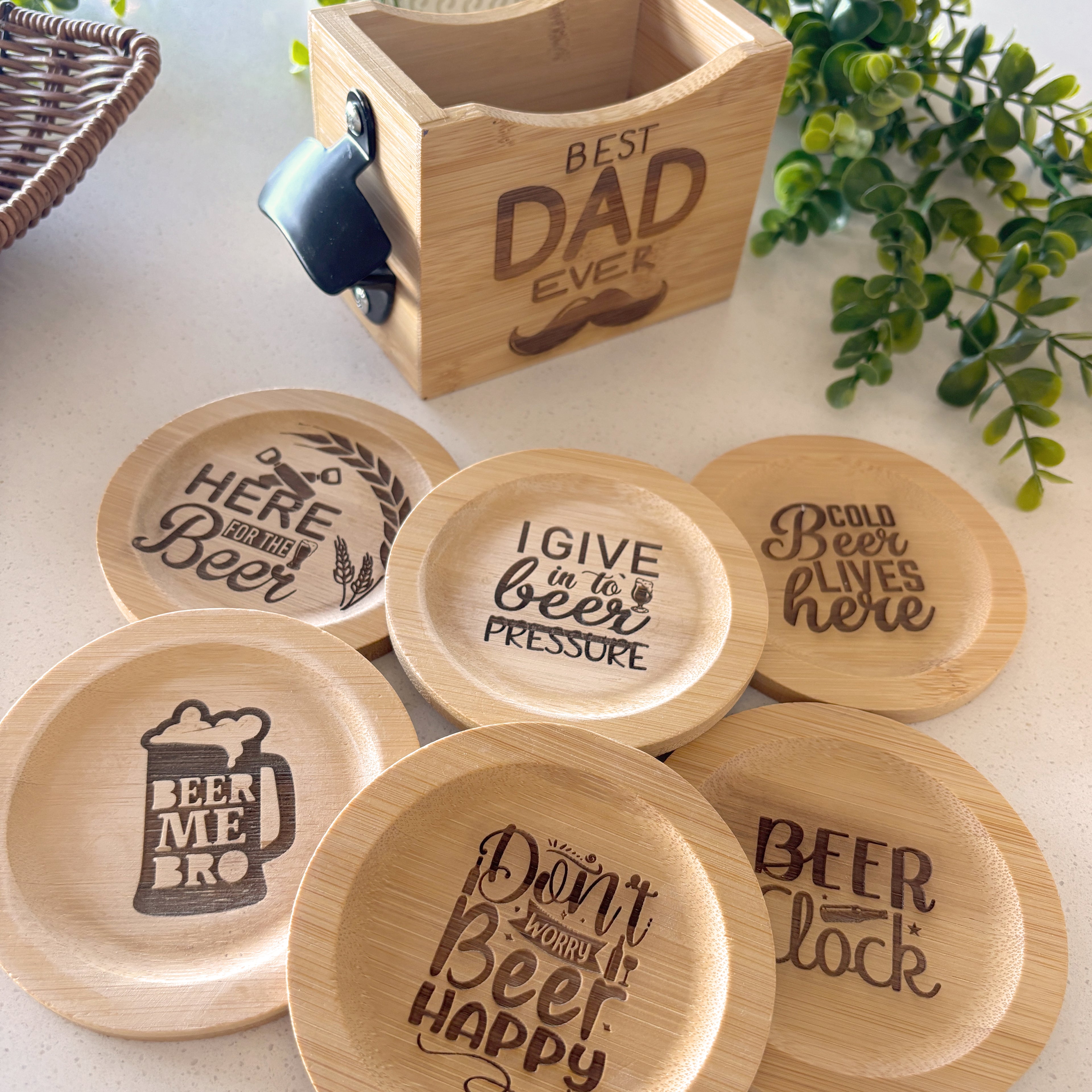 Personalized Beer Coaster Set with Wooden Holder – 6 Piece