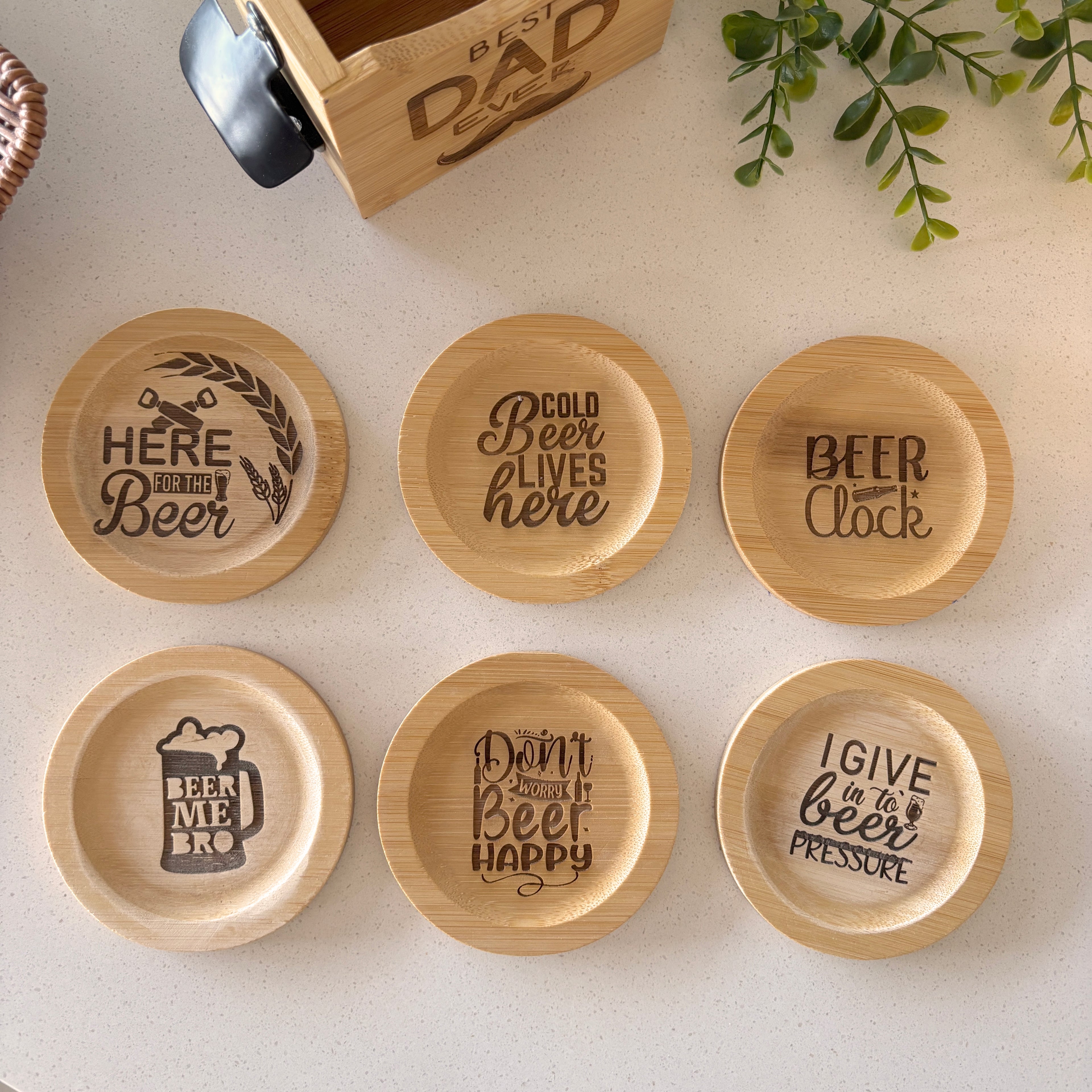 Personalized Beer Coaster Set with Wooden Holder – 6 Piece